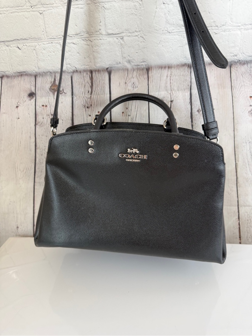 Coach Black Leather Satchel with Top Handles and Adjustable Strap